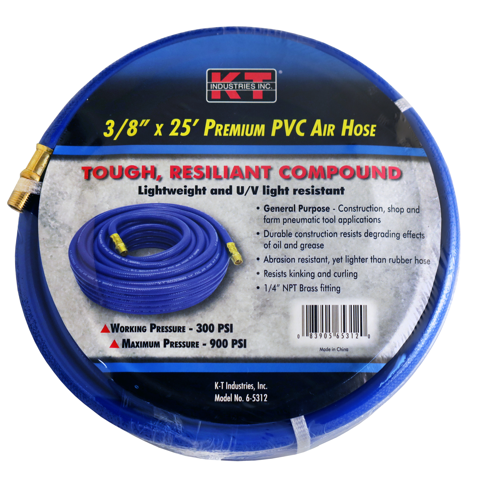K-T Industries PVC Air Hose — 3/8in. x 25ft., 1/4in. Brass Fittings, Model# 6-5312
